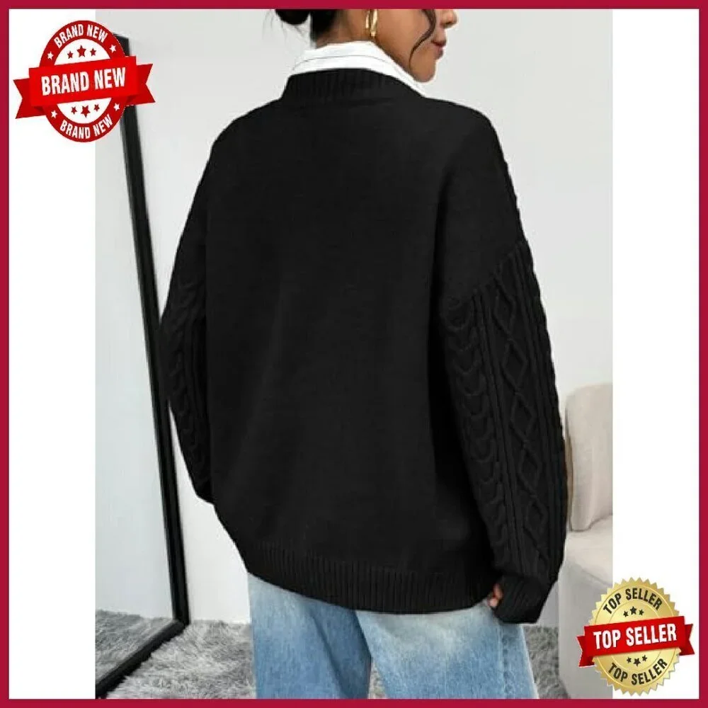 Oversized V-Neck Cable Knit Sweater Women's Cozy Winter Pullover_5